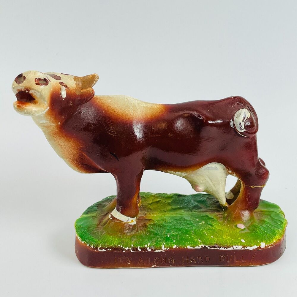 VTG Chalkware Cow Standing on Udder It's A Long Hard Pull Humor Anguished Annie